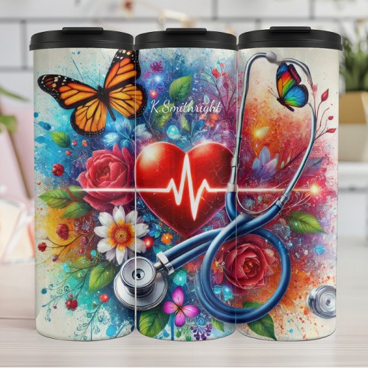 Stethoscope Heart Butterfly Colorful Nurse Thermosbecher