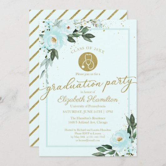 Stethoscope Nursing School Grad Party Aquamarin Einladung (Vorne/Hinten)