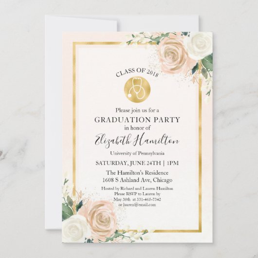 Stethoscope Nursing School Grad Party Foto Floral Einladung (Vorderseite)