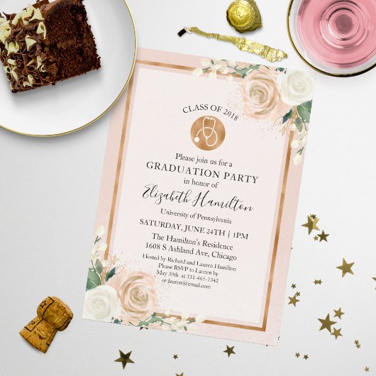 Stethoscope Nursing School Grad Party Foto Floral Einladung