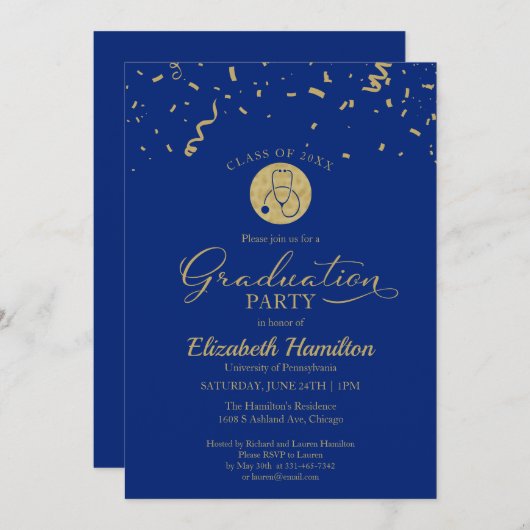 Stethoscope Nursing School Grad Party Gold Blue Einladung (Vorne/Hinten)
