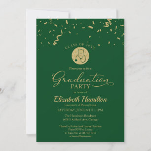 Stethoscope Nursing School Grad Party Gold Green Einladung