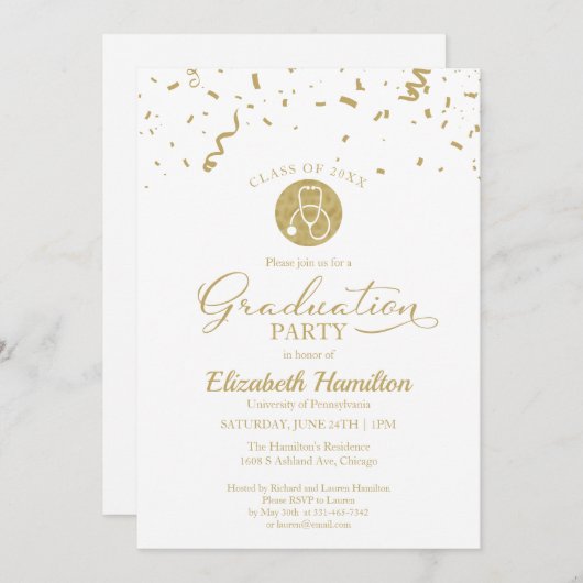 Stethoscope Nursing School Grad Party Gold White Einladung (Vorne/Hinten)