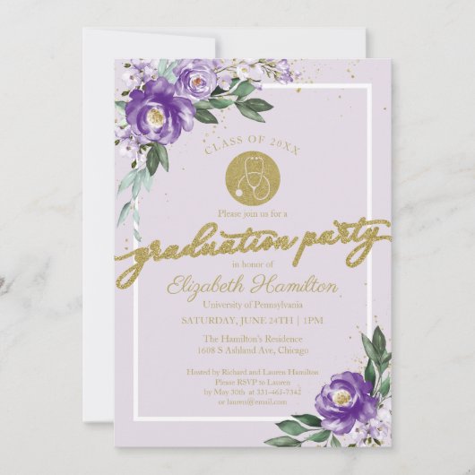 Stethoscope Nursing School Grad Party Lila Einladung (Vorderseite)