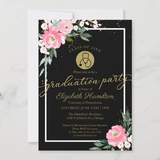 Stethoscope Nursing School Grad Party Pink Floral Einladung (Vorderseite)