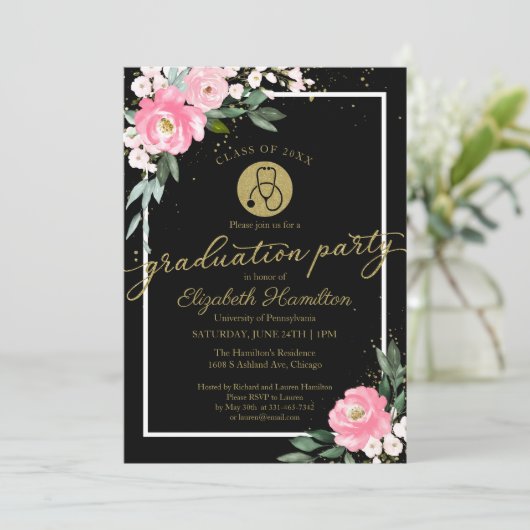 Stethoscope Nursing School Grad Party Pink Floral Einladung (Stehend Vorderseite)