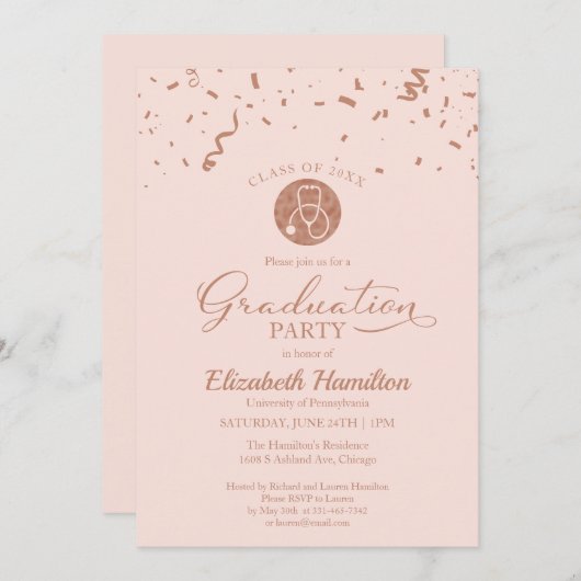 Stethoscope Nursing School Grad Party Rose Gold Einladung (Vorne/Hinten)