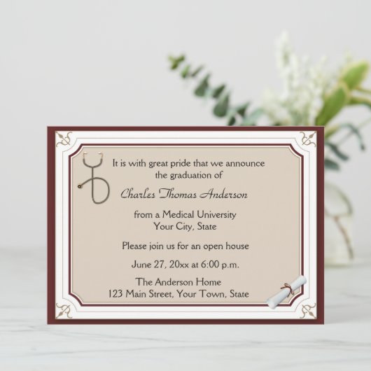 Stethoscope Tan Abschluss Einladung (Stehend Vorderseite)