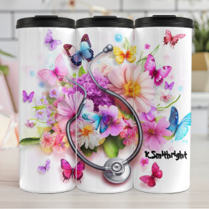 Stethoskop Blumen Schmetterlinge Personalisierter Thermosbecher
