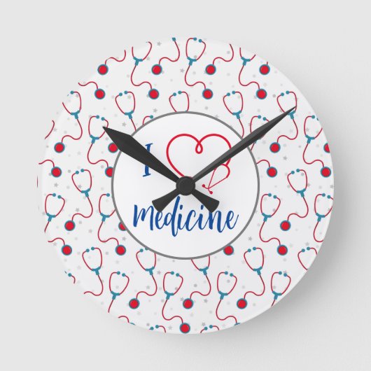 Stethoskop-Medizin "I Liebe Medizin" Runde Wanduhr (Vorderseite)
