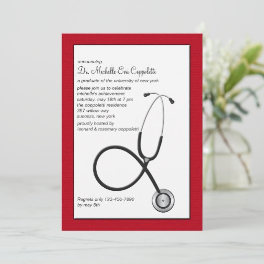 Stethoskop mit rote Grenzmedizinischem Abschluss Einladung (Stehend Vorderseite)