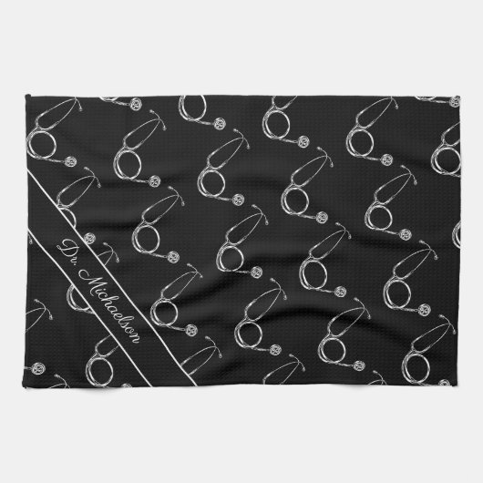 Stethoskop-Muster Name des Arztes Geschirrtuch (Horizontal)