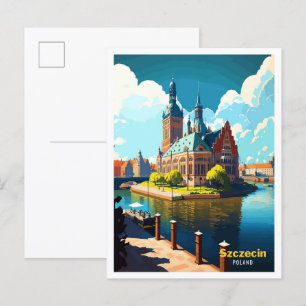 Stettin Polen Kunst Vintage Reiseillustration Postkarte