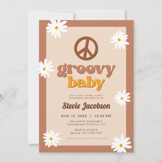 STEVIE Retro 70er Daisy Peace Groovy Babydusche Einladung (Vorderseite)