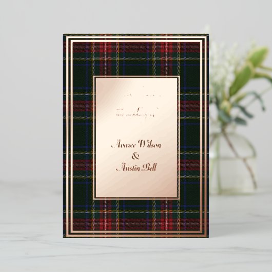 Stewart Black Modern Original Tartan Rose Gold Folieneinladung (Stehend vorne)