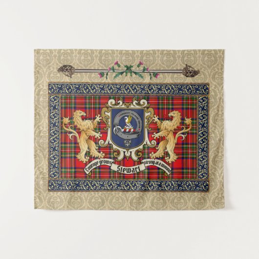 Stewart Clan Abzeichen & Tartan w/Lions Tapestry Wandteppich (Vorderseite (Horizontal))