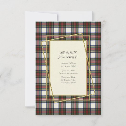 Stewart Dress Modern Tartan mit Goldrahmen Save The Date (Vorderseite)