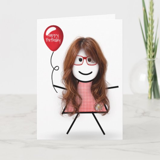 Stick Birthday Gingham Girl mit Red Balloon Karte (Vorderseite)