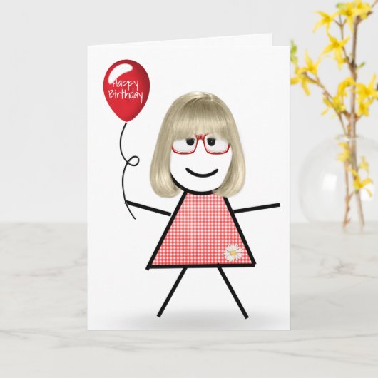 Stick Birthday Gingham Girl mit Red Balloon Karte (Gelbe Blume)