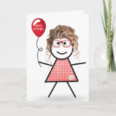 Stick Birthday Gingham Girl mit Red Balloon Karte (Vorderseite)