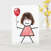 Stick Birthday Gingham Girl mit Red Balloon Karte (Gelbe Blume)