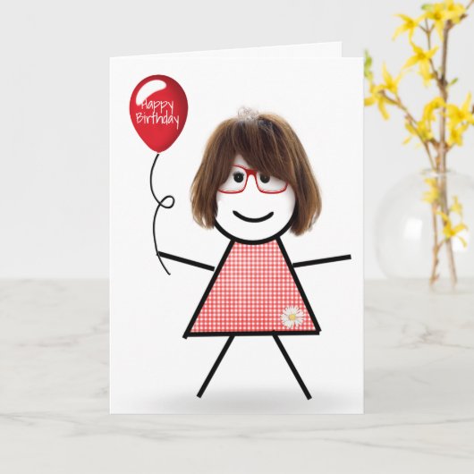 Stick Birthday Gingham Girl mit Red Balloon Karte (Gelbe Blume)