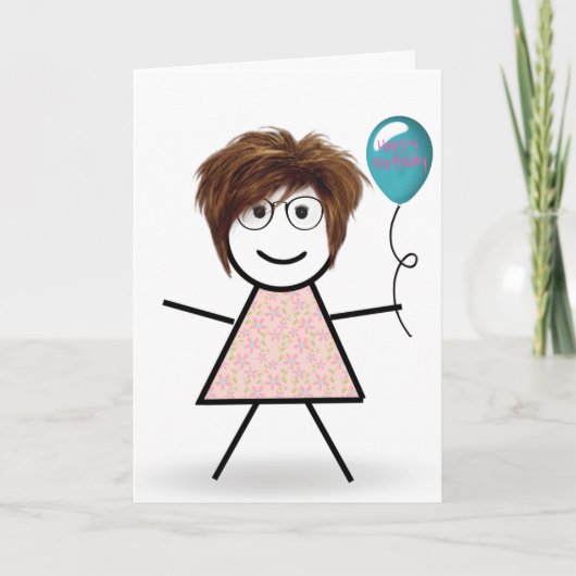 Stick Birthday Girl mit Balloon Karte (Vorderseite)