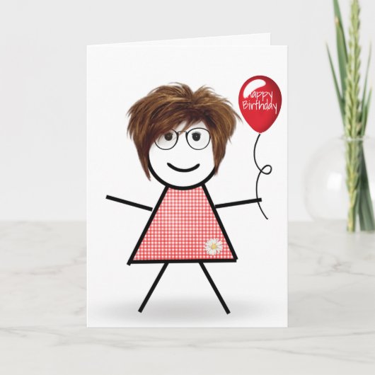 Stick Birthday Girl mit Red Balloon Karte (Vorderseite)