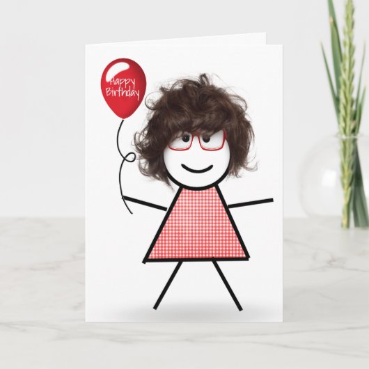Stick Birthday Girl mit Red Balloon Karte (Vorderseite)