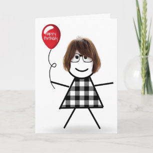 Stick Birthday Girl mit Red Balloon Karte