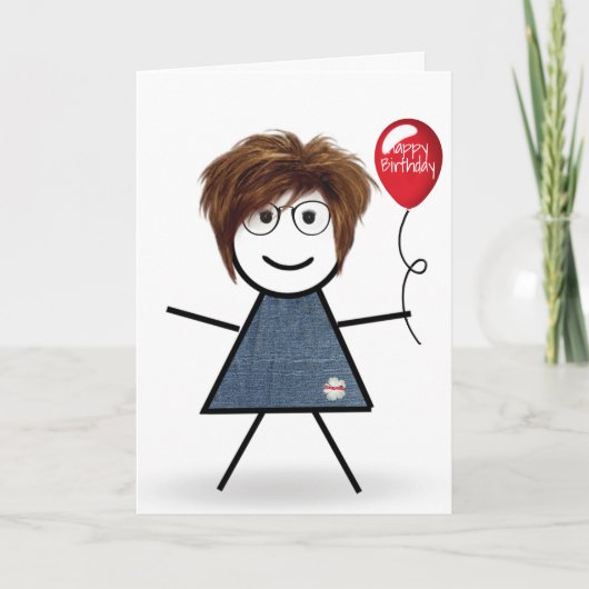 Stick Birthday Girl mit Red Balloon Karte (Vorderseite)