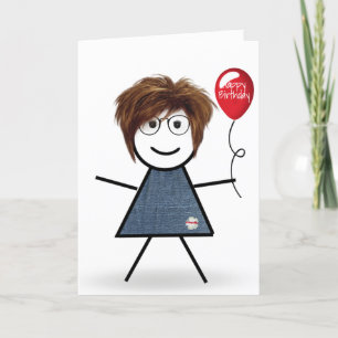 Stick Birthday Girl mit Red Balloon Karte