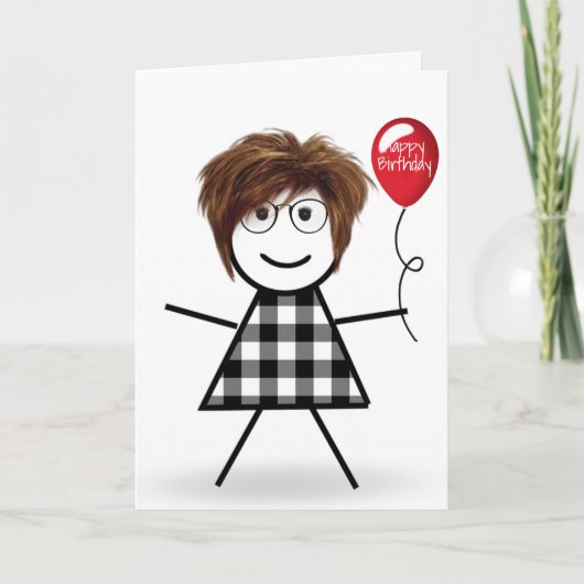 Stick Birthday Girl mit Red Balloon Karte (Vorderseite)