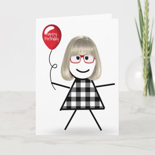 Stick Birthday Girl mit Red Balloon Karte (Vorderseite)