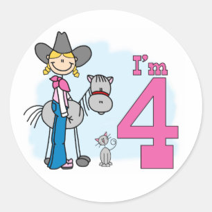 Stick Cowgirl 4. Geburtstag Runder Aufkleber