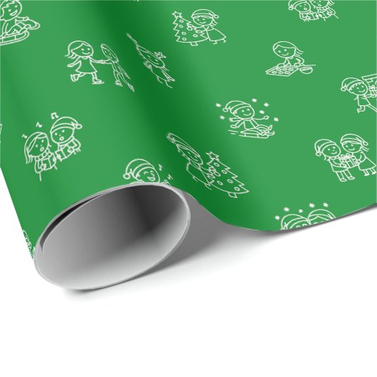 Stick Figure Christmas Cheer White on Green Holida Geschenkpapier (Rolleneckpunkt)