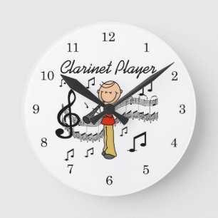 Stick Figure Männlicher Klarinettenspieler T-Shirt Runde Wanduhr