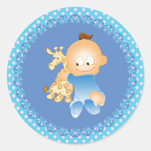 Sticker/Baby Boy mit Giraffe Runder Aufkleber