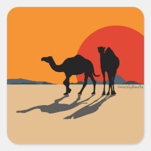 Sticker: Design "Kamele & Sonnenuntergang" Quadratischer Aufkleber