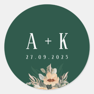 Sticker, dunkelgrünes, elegantes, florales Monogra Runder Aufkleber