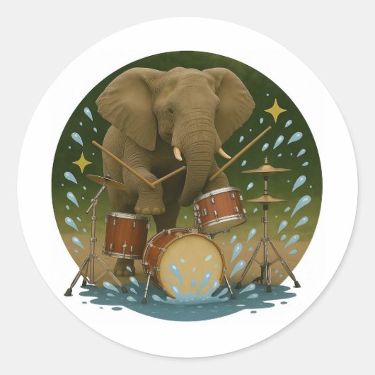 Sticker: Elefant spielt Trommeln in einer Wasserrö Runder Aufkleber (Vorderseite)