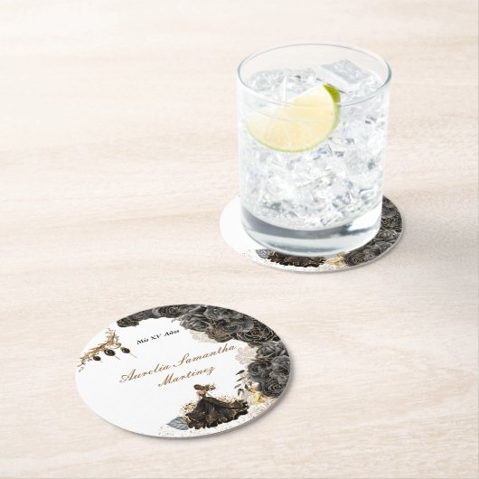 Sticker für Schwarz und Gold Quinceñera Runder Pappuntersetzer (Vor Ort)