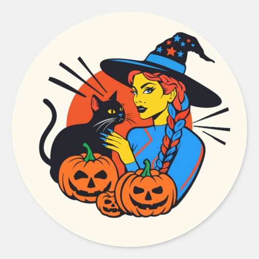 Sticker Halloween Hexe mit Katze (Vorderseite)