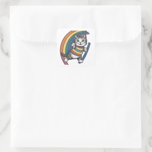 Sticker, Katze Regenbogen Quadratischer Aufkleber (Tasche)