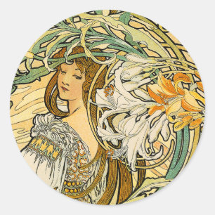Sticker: Mucha - Sprache der Blumen Runder Aufkleber