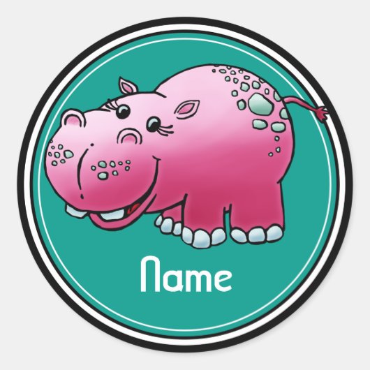 Sticker, Namensvorlage, Cute Hippo Cartoon Runder Aufkleber (Vorderseite)