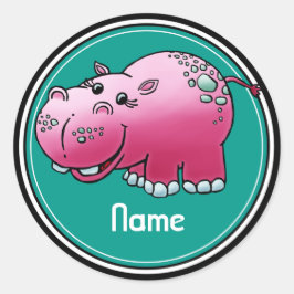 Sticker, Namensvorlage, Cute Hippo Cartoon Runder Aufkleber