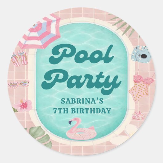 Sticker zum Geburtstag Pink Summer Pool Party (Vorderseite)