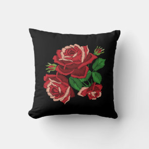 Stickerei Druck Rot Rose Grüne Blätter Floral Blau Kissen