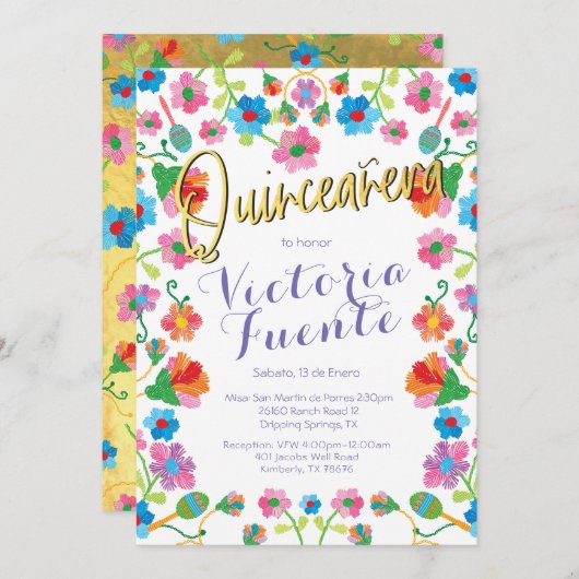 Stickerei Floral Quinceañera mexikanisches Spanisc Einladung (Vorne/Hinten)